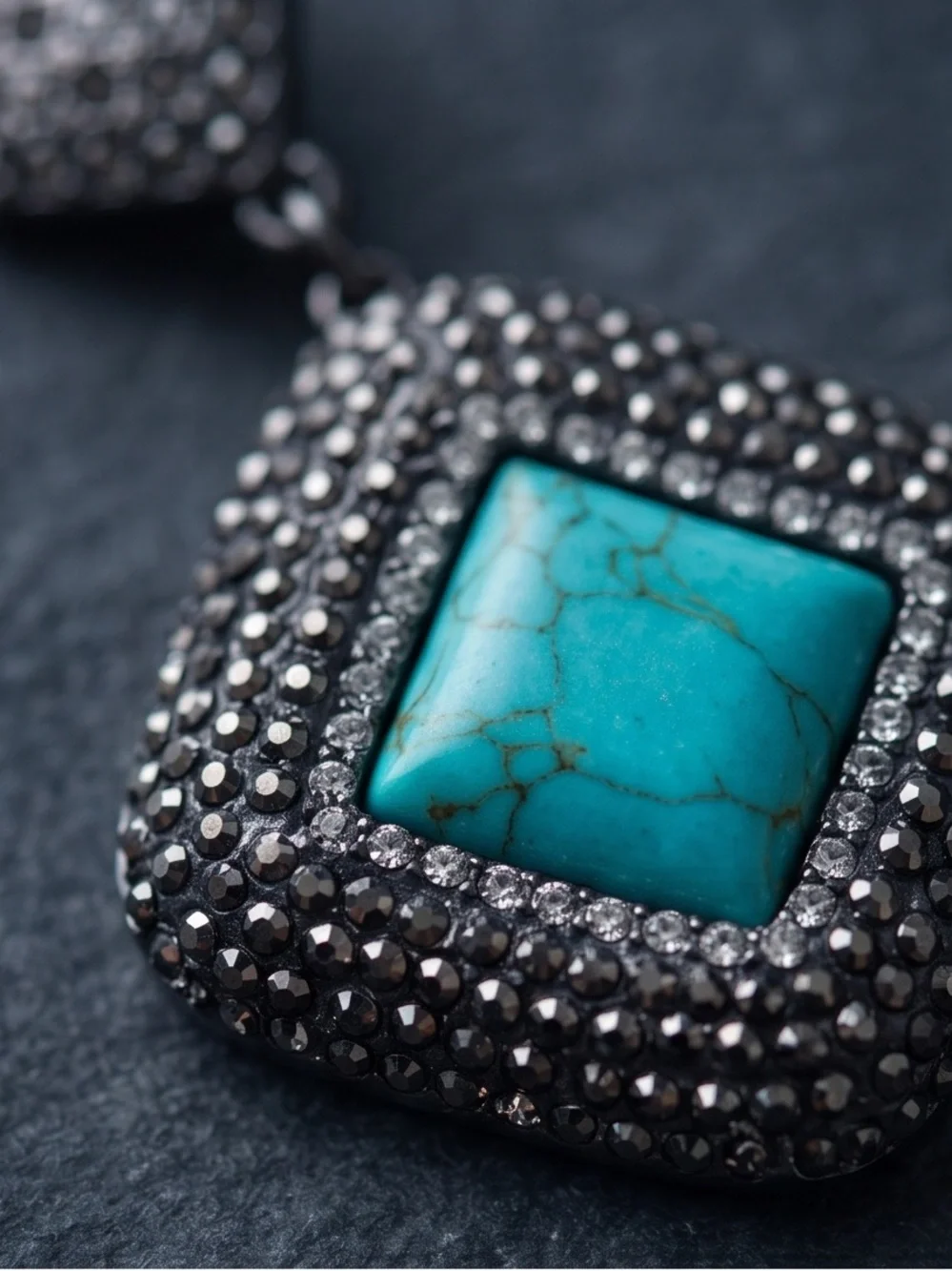 Turquoise Square Drop Earrings with Pave Crystal Frame